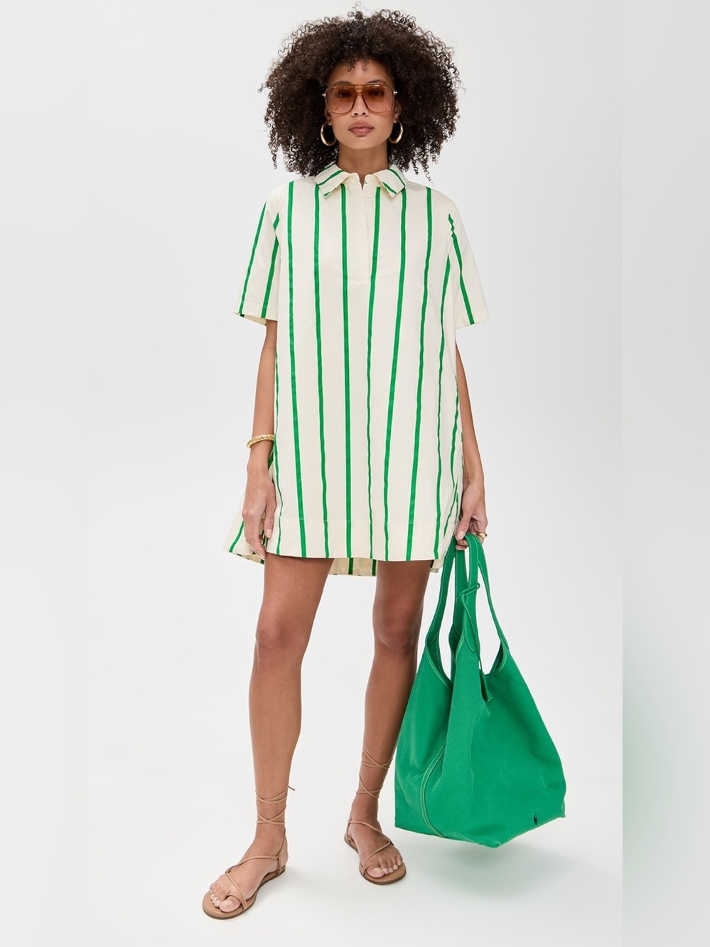 English Factory Striped Kaftan Mini Dress in Green/Cream, Size Small